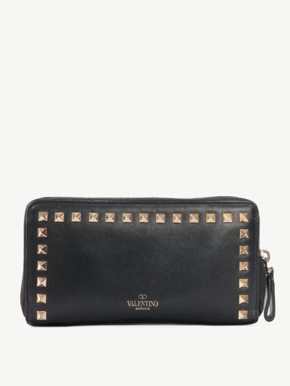 Valentino Garavani Black Leather Rockstud Zip Wallet